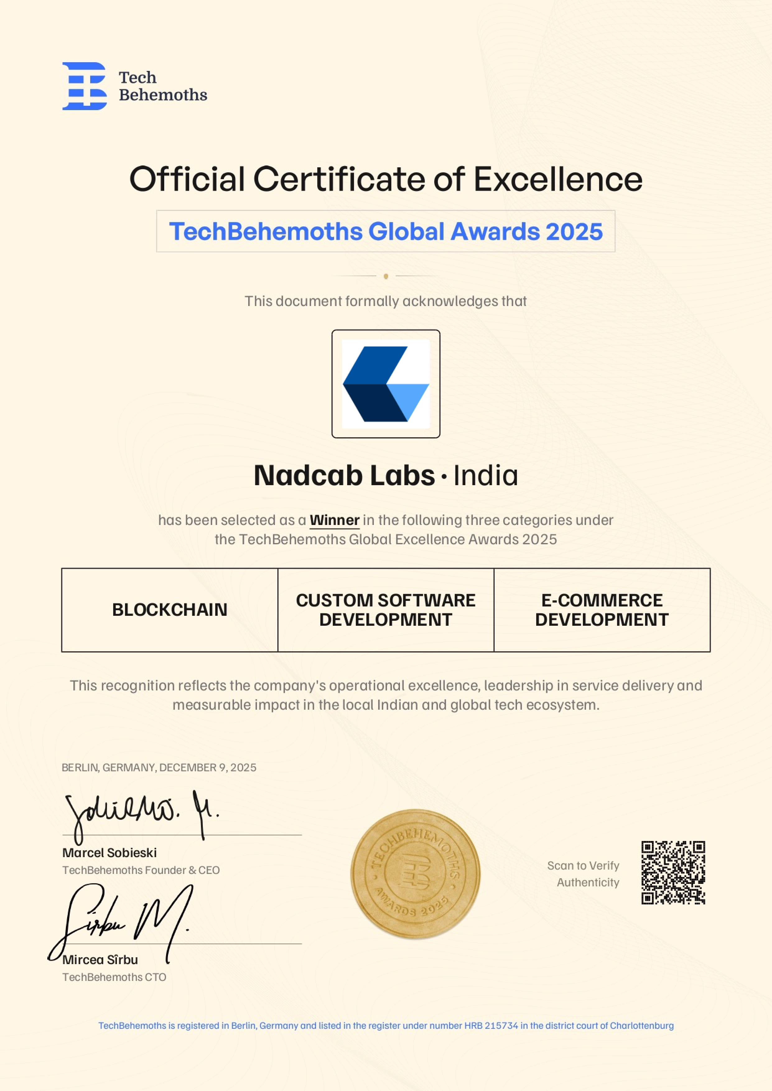 TechBehemoths Global Awards 2025 Certificate